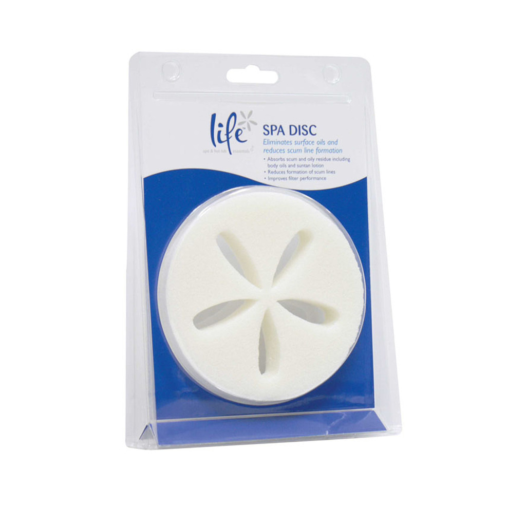 Life Spa Disc reusable foam sponge packaging for hot tubs to absorb surface oils, body fats, suntan lotion, and prevent scum lines.