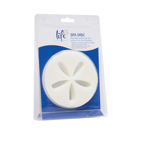 Life Spa Disc reusable foam sponge packaging for hot tubs to absorb surface oils, body fats, suntan lotion, and prevent scum lines.