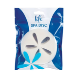 Life Spa Disc reusable hot tub scum remover in plastic bag packaging with blue flower logo graphics