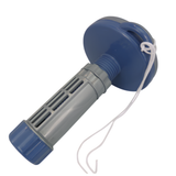An upside-down studio product shot of a gray and blue Life Spa Essentials floating chlorine and bromine dispenser, isolated on a white background. The image clearly details the blue underside of the floating cap, a white anchor cord looped through the top ring, the threaded expansion neck, and the adjustable slotted gray basket column with a blue twist-dial bottom.