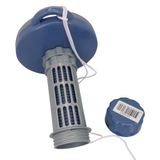 An upside-down studio product shot of a gray and blue Life Spa Essentials floating hot tub chemical dispenser with its bottom cap unscrewed, isolated on a white background. The image highlights the open threaded base of the gray slotted basket, the blue underside of the floating lid with a white cord tied to the handle, and the detached blue bottom dial cap showing a barcode sticker labeled MDI1802.