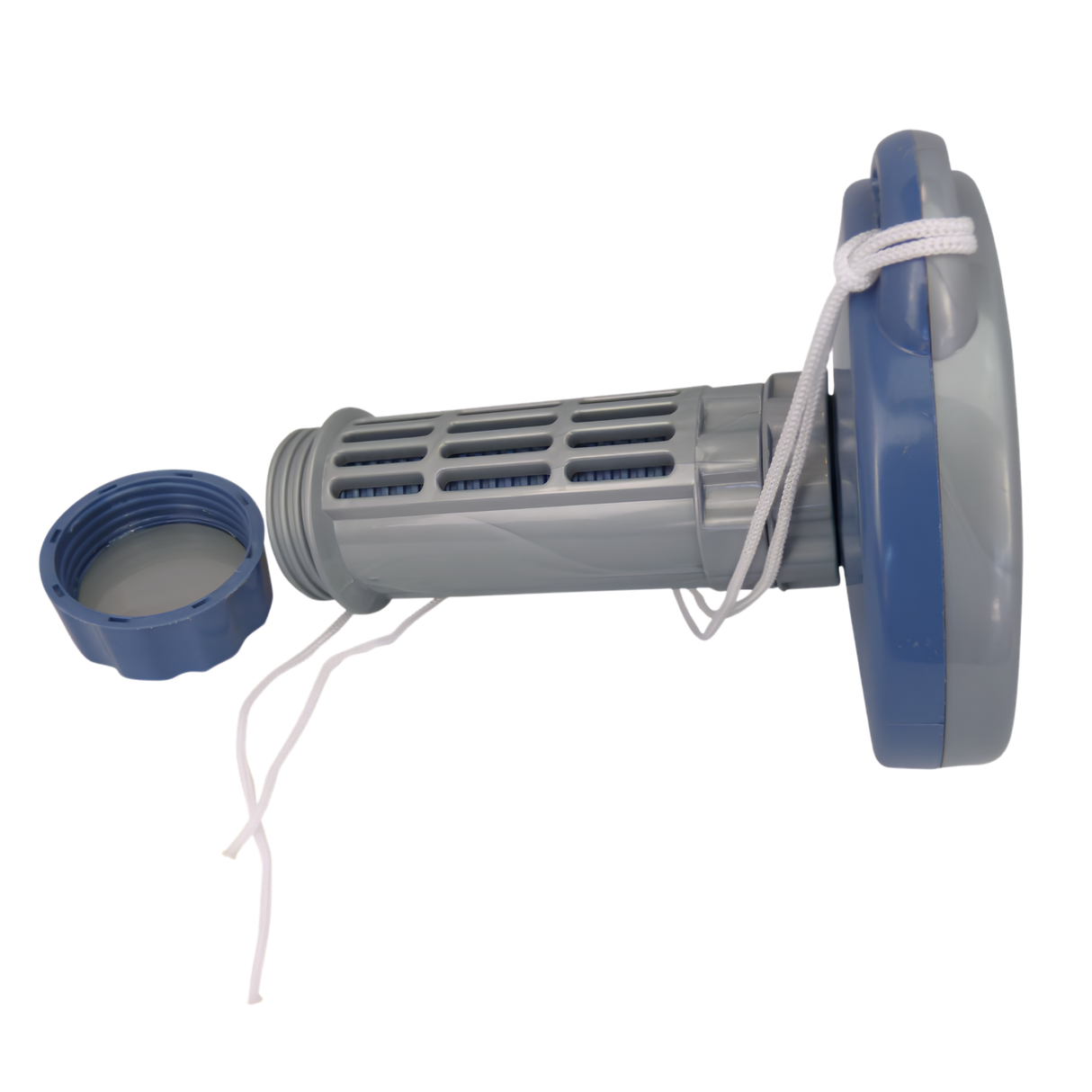 A studio product shot of a gray and blue Life Spa Essentials floating hot tub chemical dispenser lying horizontally on a white background with its blue bottom dial cap unscrewed. The image highlights the open threaded bottom of the gray slotted tablet basket and a white anchor cord looped through the top molded handle.