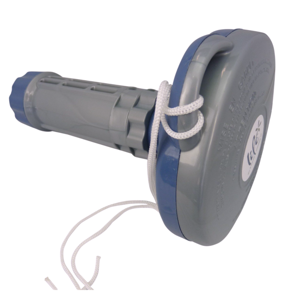 A studio product shot of a gray and blue Life Spa Essentials floating hot tub chemical dispenser, isolated on a white background. The device is angled to showcase a white anchor cord tied around the top molded handle loop, the round floating lid with a white brand logo, and the adjustable slotted basket column extending to the left.