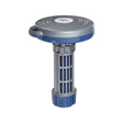A studio product shot of a gray and blue Life Spa Essentials floating chlorine and bromine chemical dispenser for hot tubs, isolated on a white background. The device features a round floating cap with the Life logo, an integrated tie-off ring, and an adjustable slotted basket column with a blue twist-dial bottom.