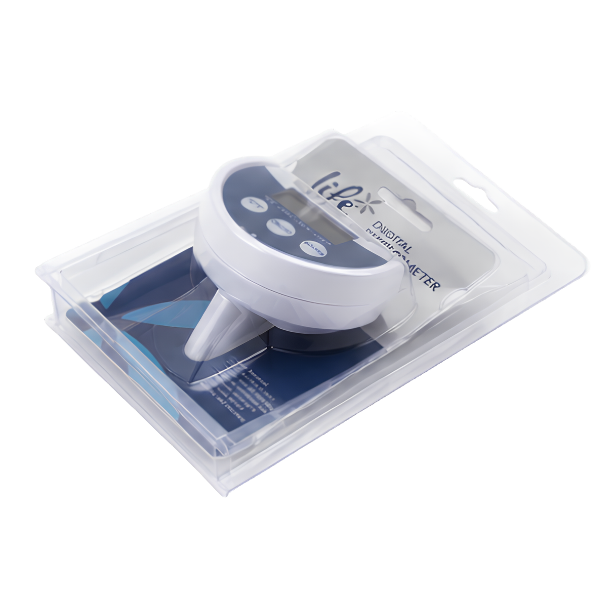A studio product shot of the Life Spa Essentials Floating Digital Thermometer inside its clear plastic retail clamshell packaging, angled on a white background. The blue and white card insert displays the digital temperature screen, control buttons, and the Life brand logo.