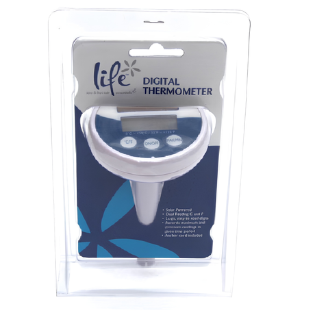 A studio product shot of the Life Spa Essentials Floating Digital Thermometer inside its clear plastic clamshell retail packaging, isolated on a white background. The packaging features a white and blue card backing displaying the digital temperature readout screen and control buttons.