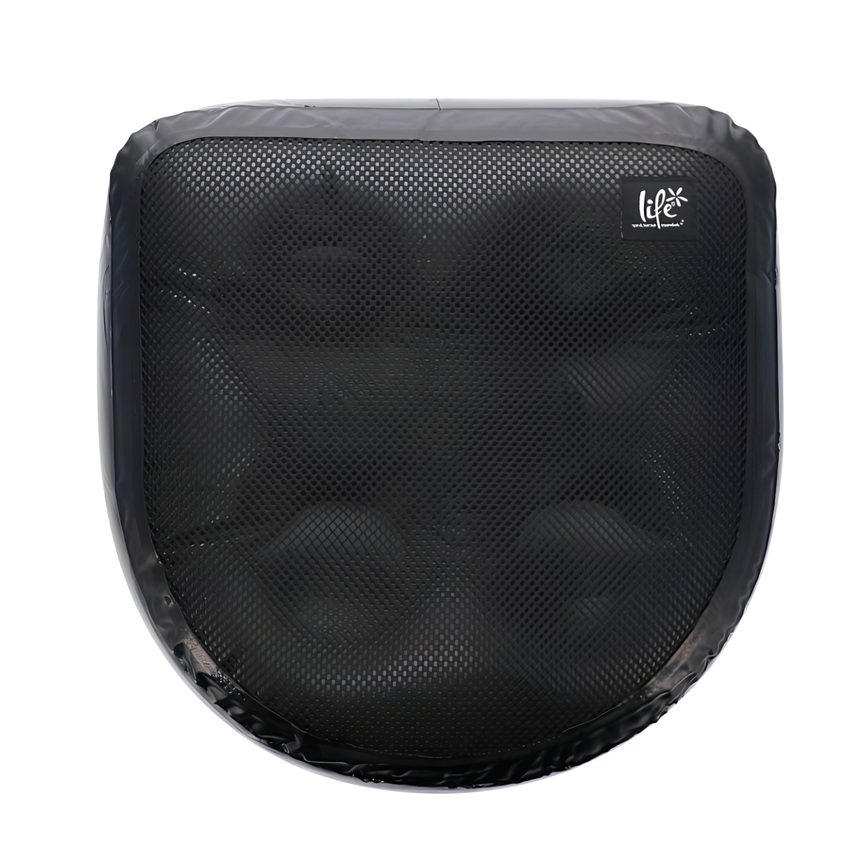 A top-down studio shot of the black Life Spa Booster Seat cushion isolated on a white background, showcasing its durable textilene mesh top cover, vinyl outer border, and a small white Life brand logo patch in the upper right corner.