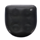 A top-down studio shot of the black Life Spa Booster Seat cushion isolated on a white background, showcasing its durable textilene mesh top cover, vinyl outer border, and a small white Life brand logo patch in the upper right corner.