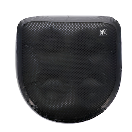 A top-down studio shot of the black Life Spa Booster Seat cushion isolated on a white background, showcasing its durable textilene mesh top cover, vinyl outer border, and a small white Life brand logo patch in the upper right corner.