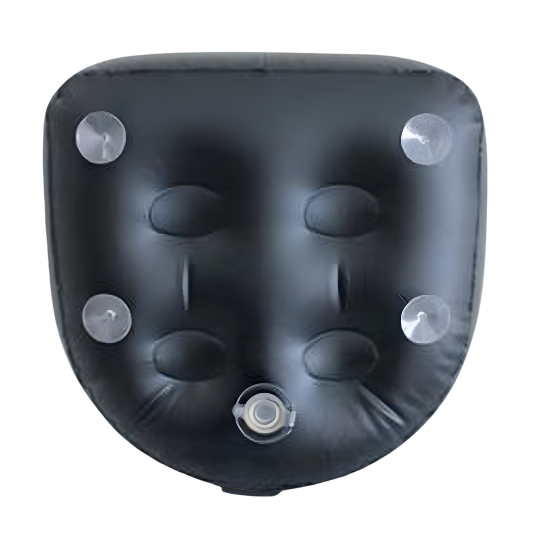 The bottom view of a black vinyl Life Spa Booster Seat cushion isolated on a white background, highlighting four clear non-slip suction cups for secure placement and a central water-fill valve at the base.