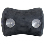 Rear view studio product photo of the black Life Spa pillow cushion on an isolated white background, highlighting two clear suction cups mounted to the back mesh fabric for mounting to hot tub walls.