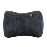 Front view studio product photo of the black Life Spa ergonomic headrest pillow cushion on an isolated white background, showing its contoured shape and small stitched brand logo tag.