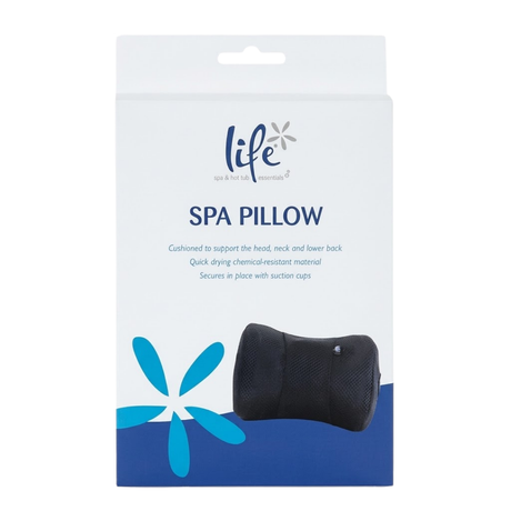 Front view studio product photo of the Life Spa & Hot Tub Essentials Spa Pillow retail box on an isolated white background, detailing product features and displaying an image of the ergonomic black mesh headrest cushion with suction cups.