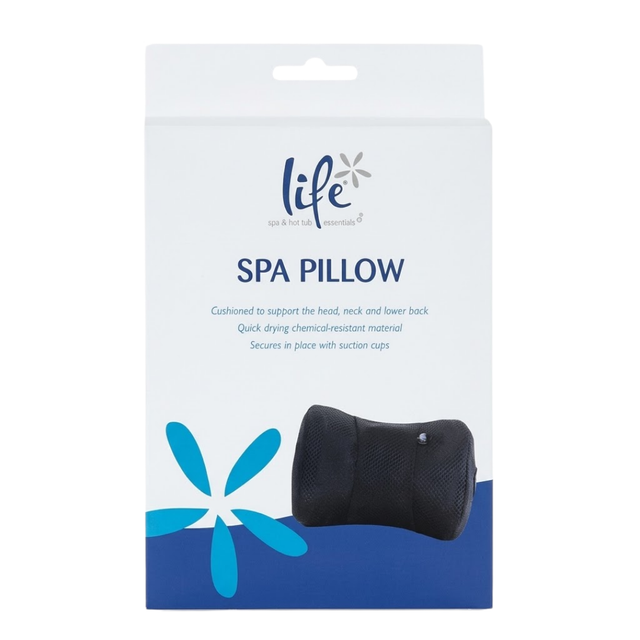 Front view studio product photo of the Life Spa & Hot Tub Essentials Spa Pillow retail box on an isolated white background, detailing product features and displaying an image of the ergonomic black mesh headrest cushion with suction cups.