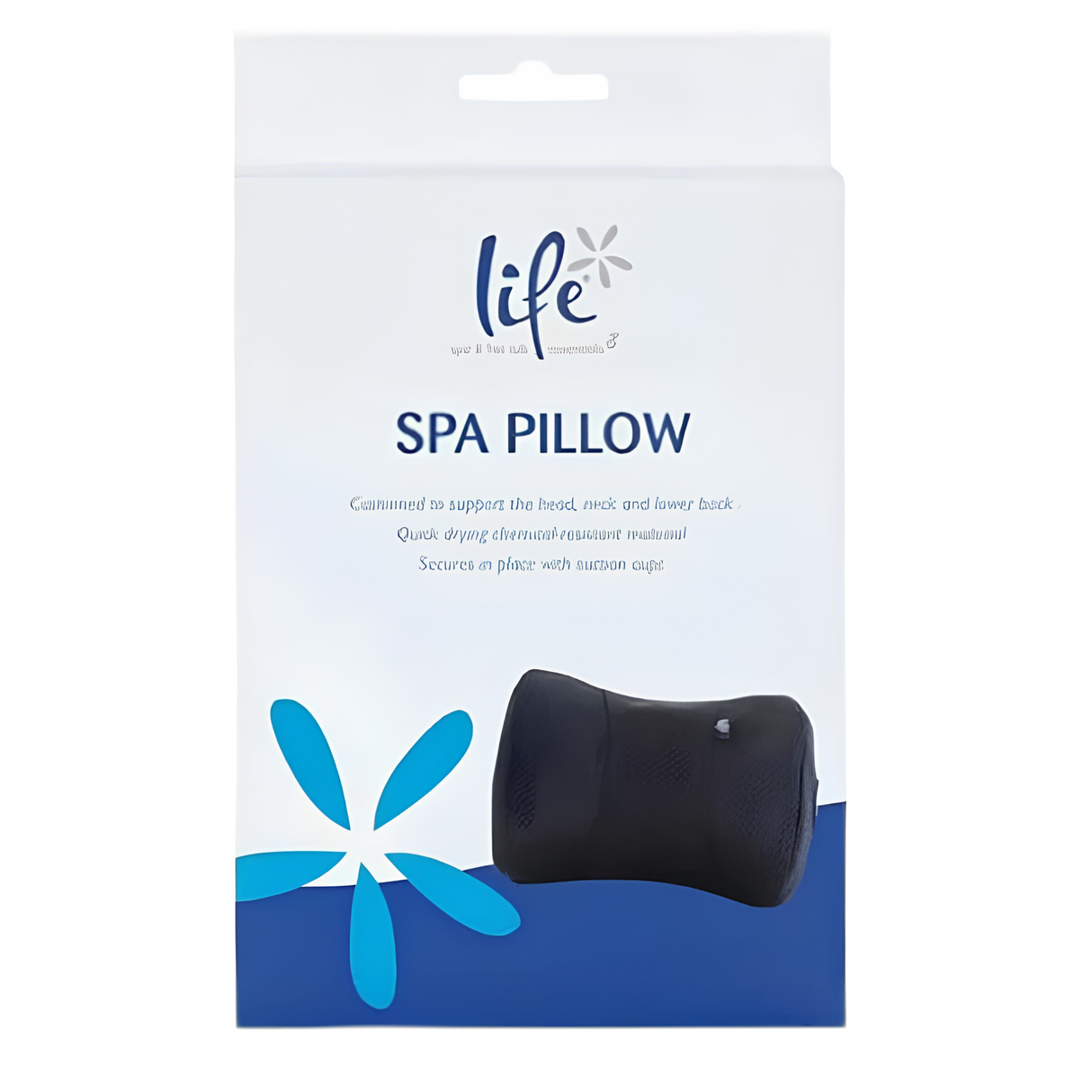 Front view of the white and blue Life Spa Pillow retail product box featuring a photo of the black neck cushion. The packaging displays marketing text highlighting that it is contoured to support the head, neck, and lower back, quick drying, and secures in place with suction cups.