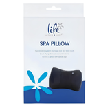 Front view of the white and blue Life Spa Pillow retail product box featuring a photo of the black neck cushion. The packaging displays marketing text highlighting that it is contoured to support the head, neck, and lower back, quick drying, and secures in place with suction cups.