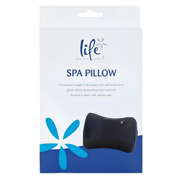 Front view of the white and blue Life Spa Pillow retail product box featuring a photo of the black neck cushion. The packaging displays marketing text highlighting that it is contoured to support the head, neck, and lower back, quick drying, and secures in place with suction cups.