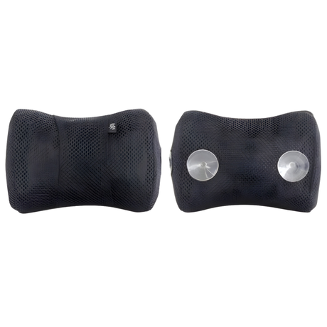 Studio product display showing the front and back view of the black Life Spa Pillow isolated on a white background, highlighting its contoured shape, textured mesh fabric, a small brand tag, and two clear integrated plastic suction cups on the rear side.