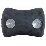 Rear view of a black Life Spa Pillow isolated on a white background, showcasing its contoured shape, textured mesh fabric, and two clear, round plastic suction cups designed for secure non-slip hot tub or jacuzzi mounting.