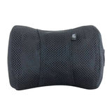 Front view of a black Life Spa Pillow isolated on a white background, showing its contoured ergonomic shape, textured, quick-drying mesh fabric, and a small woven Life brand tag on the upper right side.