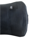 A detailed close-up studio shot of a black Life Spa Pillow isolated on a white background, showcasing the highly textured, quick-drying porous mesh fabric weave and the small woven Life brand logo tag sewn into the upper seam.