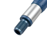 Macro close-up view of the threaded blue plastic adapter tip on a Life Spa telescopic extension pole for pool cleaning attachments.