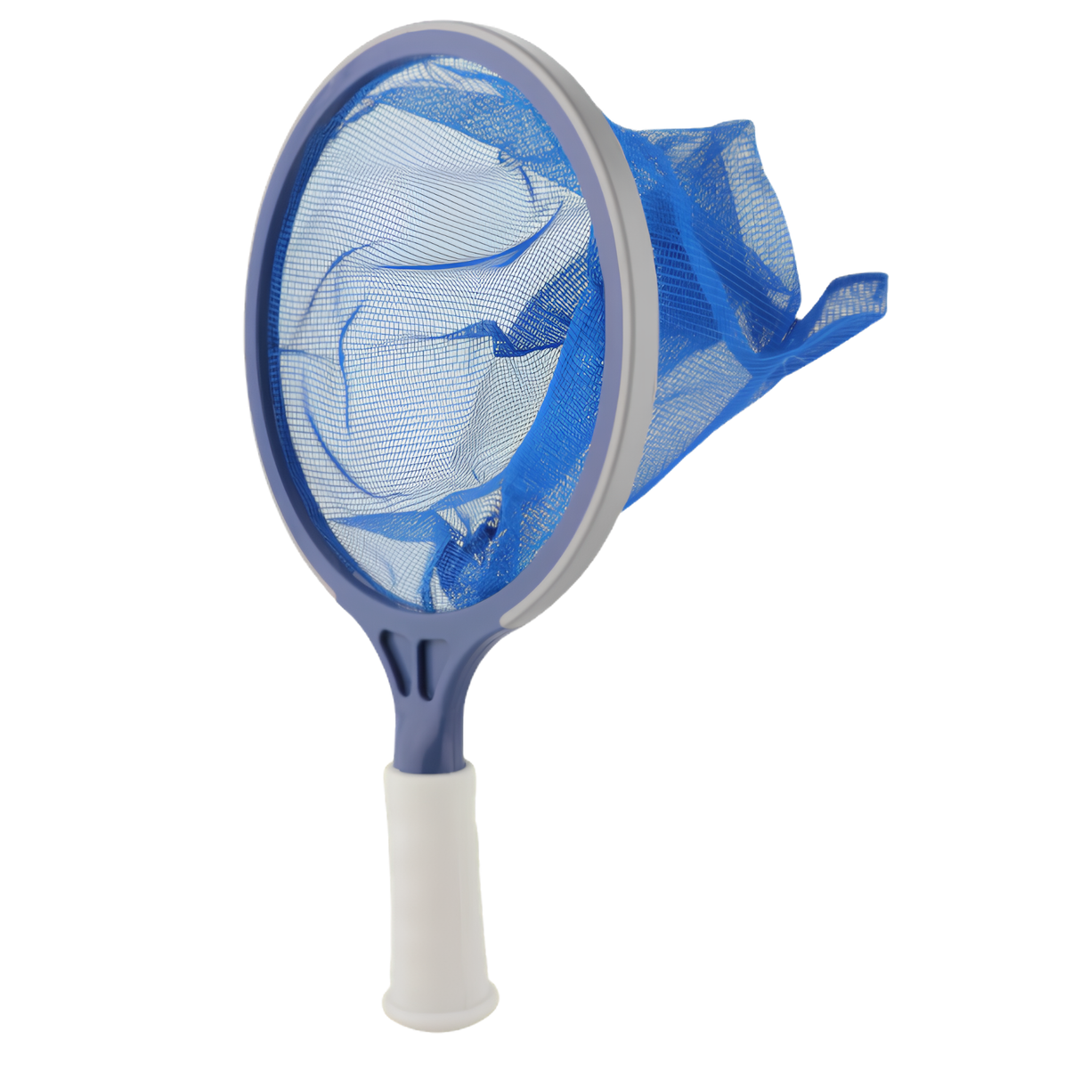 Three-quarter angle view of the Life Spa Scoop featuring a round blue mesh net, grey rubber rim, and white handle.