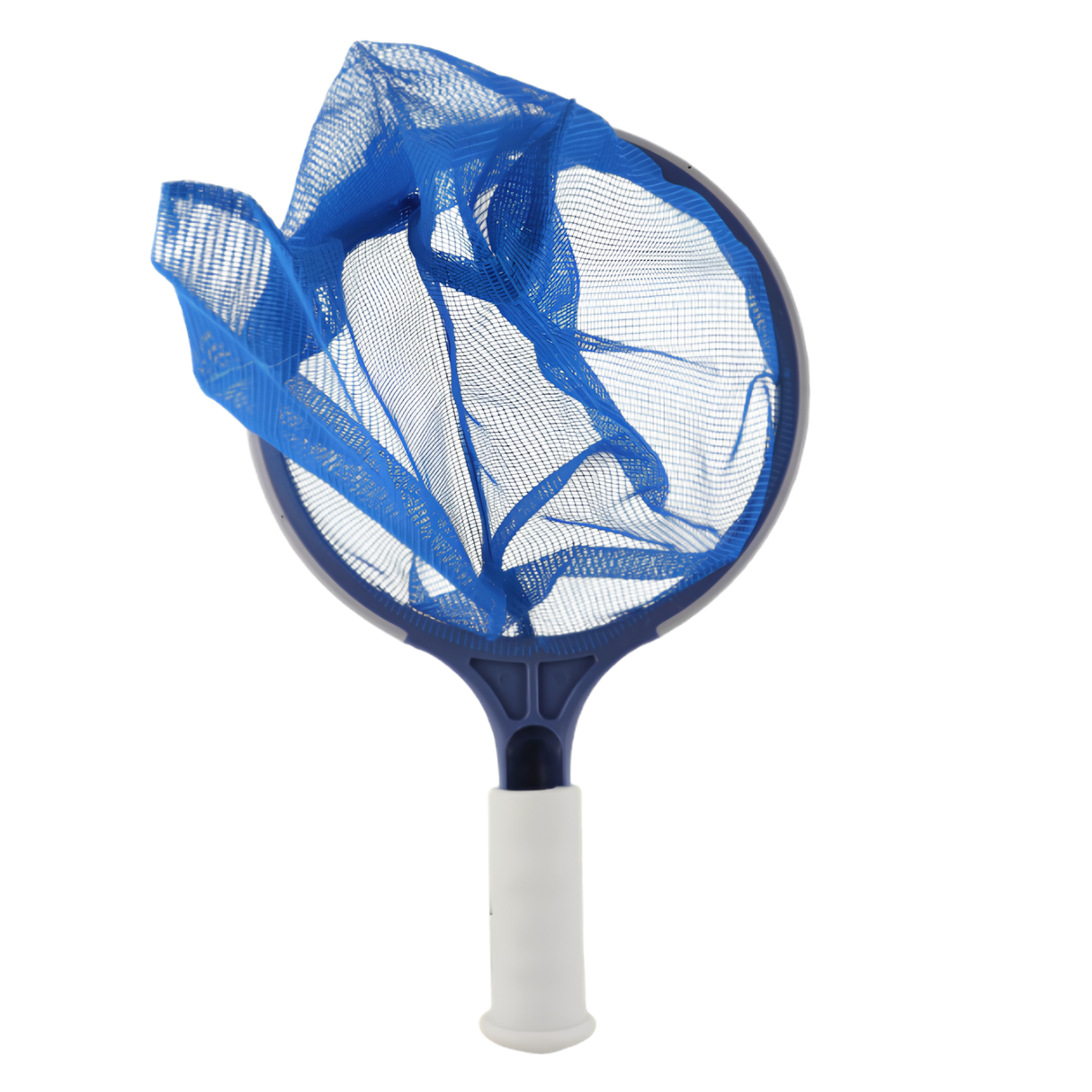 Front view of the Life Spa Scoop showing the deep blue mesh netting and white ergonomic handle on a plain background.