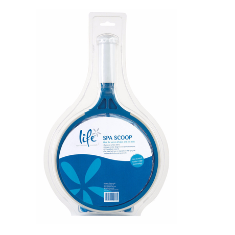 Life Spa Scoop blue skimmer net with non-scratch rubber edge technology in retail packaging, designed for hot tubs and spas.