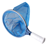 Top-down perspective view of the round Life Spa Scoop handheld skimmer net with its deep blue mesh basket spread open.