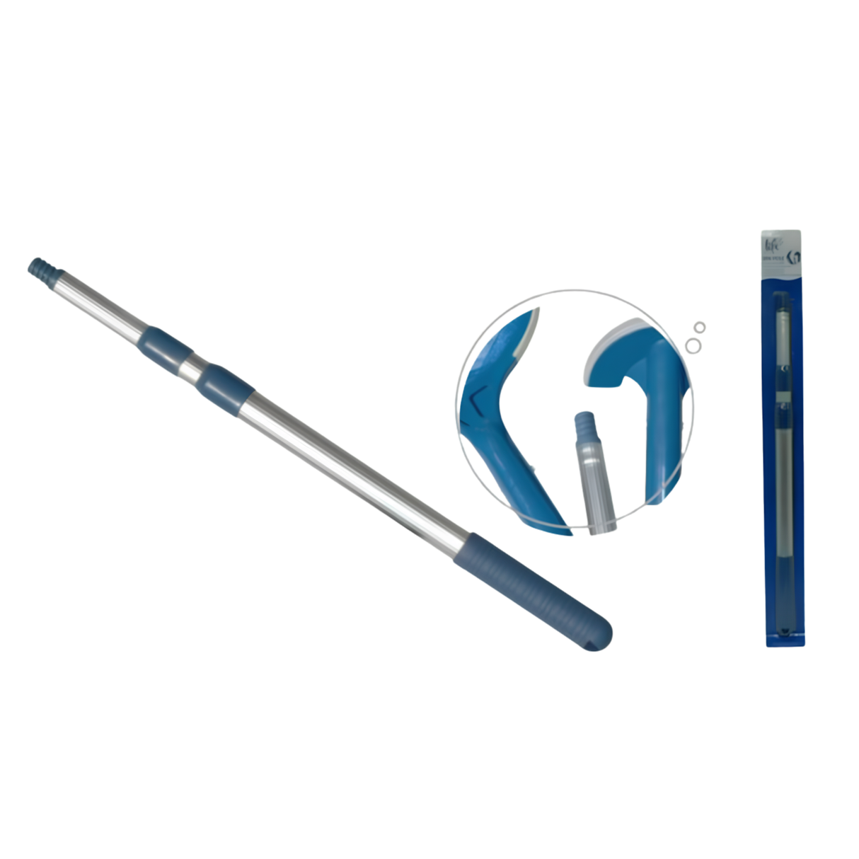 Life Spa 4ft telescopic extension pole with blue handle grip, retail hanging packaging, and close-up detail circle of the threaded connection tip.