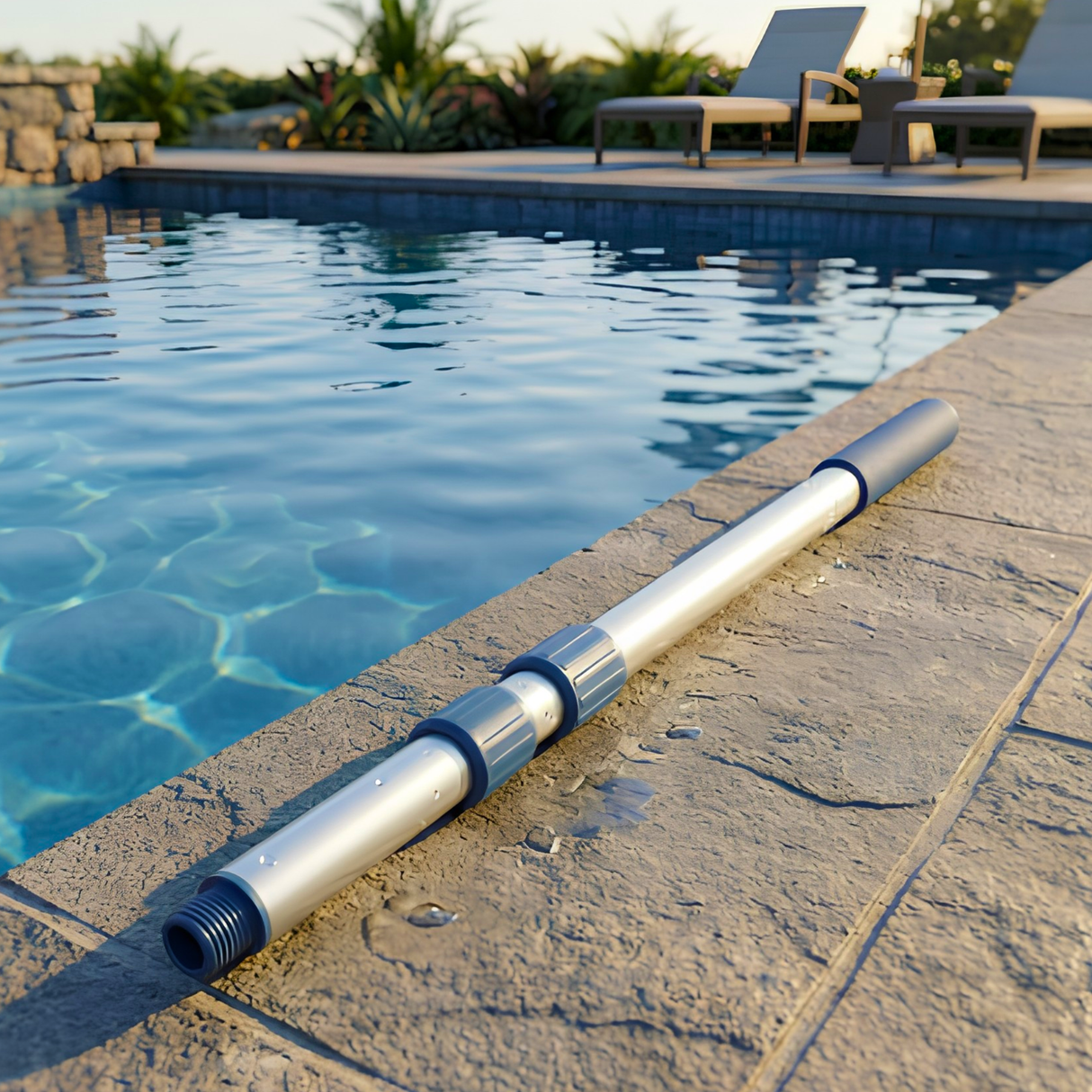 A Life Spa telescopic aluminum extension pole laying on a stone patio edge next to a clear blue swimming pool with lounge chairs in the background.