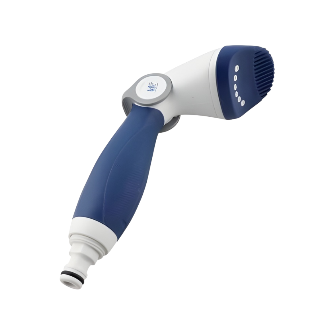 A studio product shot of the blue and white Life Water-Wand Pro cartridge filter cleaning tool isolated on a white background, highlighting its ergonomic handle, thumb flow control lever, comb-like spray head with fine nozzle holes, and bottom quick-connect garden hose adapter.