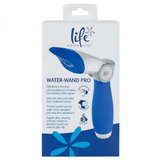 Front view studio product photo of the Life Spa & Hot Tub Essentials Water-Wand Pro filter cleaning tool retail box on an isolated white background, highlighting key product features, callout icons, and a product image of the blue and grey hand-held sprayer.