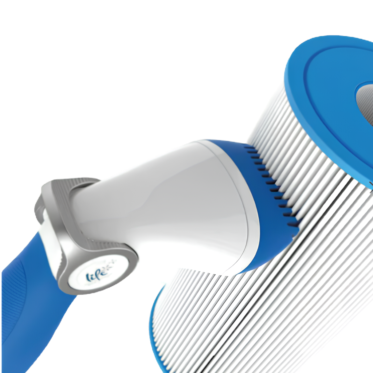 A close-up studio product graphic demonstrating the blue and white Life Water-Wand Pro filter cleaning tool inserted directly into the white paper pleats of a blue-capped spa cartridge filter, isolated on a white background.