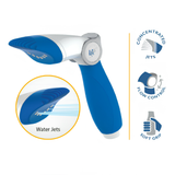 Product infographic of the blue and white Life Water-Wand Pro cartridge filter tool isolated on a white background. Features a circular inset showing simulated water jets spraying from the comb nozzle, alongside three feature icons on the right labeled Concentrated Jets, Flow Control, and Soft Grip.