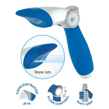 Product infographic of the blue and white Life Water-Wand Pro cartridge filter cleaning tool isolated on a white background. Features a circular inset close-up showing simulated light blue Water Jets spraying outward from the comb nozzle, along with three feature icons below labeled Concentrated Jets, Flow Control, and Soft Grip.