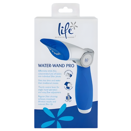 Front view of the white and blue Life Water-Wand Pro retail product box featuring a photo of the blue and white handheld cartridge filter cleaning tool. The packaging highlights key features including concentrated jets, flow control, soft grip, and its ability to clean individual filter pleats.