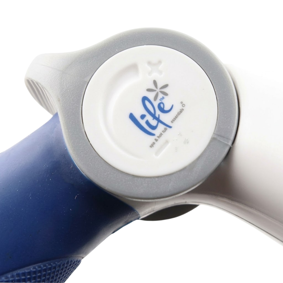 Macro close-up studio photo of the Life Spa & Hot Tub Essentials Water-Wand Pro flow control lever dial, showing the printed blue Life brand logo inset within a grey circular housing against an isolated white background.