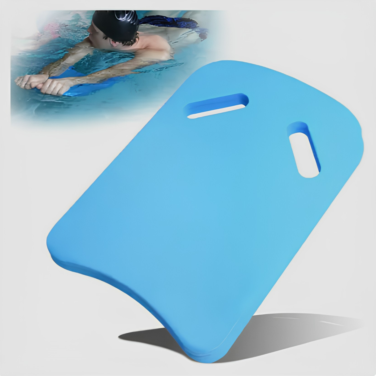 Light blue EVA foam swimming kickboard shown next to an inset picture of a swimmer in a black swim cap practicing leg kicks in a pool.