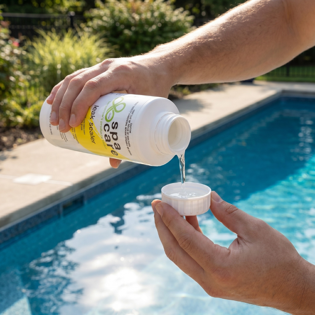 A person pours Lo-Chlor Spa Care Leak Sealer from its white bottle into a measuring cup beside a swimming pool, demonstrating its use for pool repair.