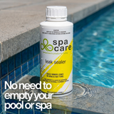 A 500ml bottle of Spa Care Leak Sealer by Lochlor sits submerged in a swimming pool on a tiled ledge. The yellow and white label details its ability to seal minor leaks in spas and hot tubs on both concrete and acrylic surfaces without needing to drain the water. 