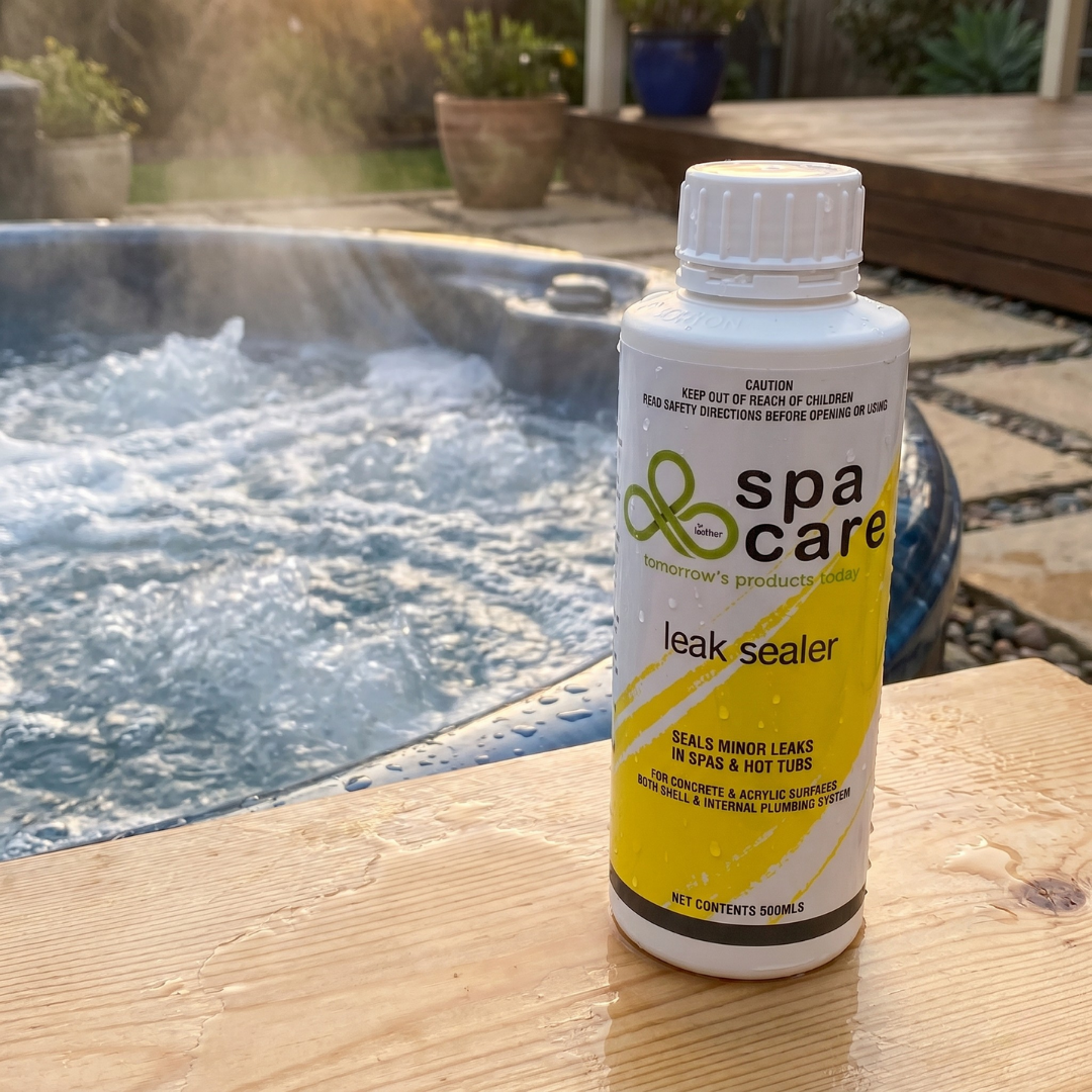 Lo-Chlor Spa Care Leak Sealer in a 500ml white bottle, designed to seal minor leaks in spas and hot tubs. The front label features green and yellow branding with the "spa care" logo and clear product details