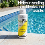 A 500ml bottle of Spa Care Leak Sealer by Lo-Chlor on a swimming pool edge, a product to fix minor leaks in concrete and acrylic pool shells and plumbing.