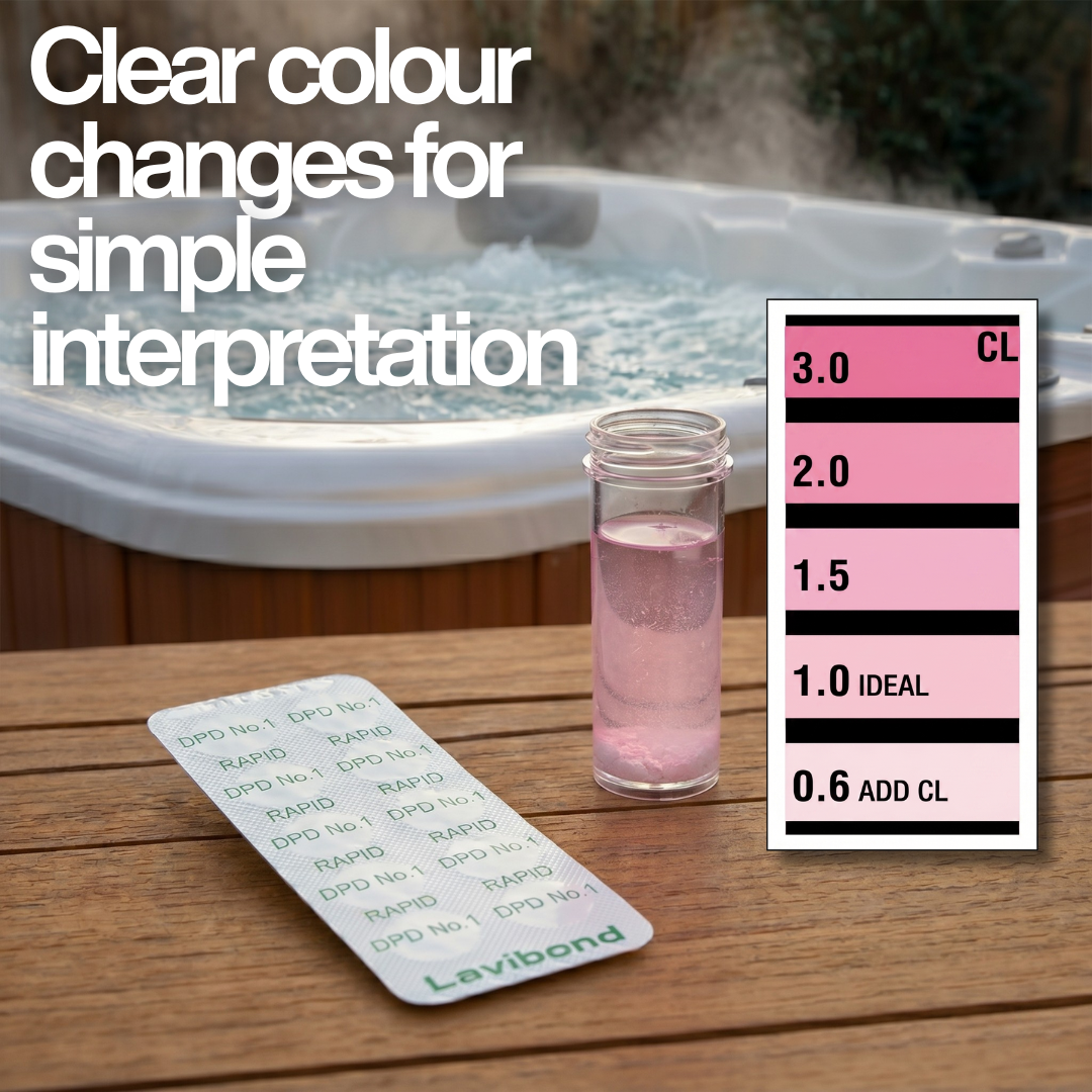 Lovibond DPD No. 1 Rapid test tablets and pink vial next to a colour scale showing chlorine levels from 0.6 to 3.0, with text: "Clear colour changes for simple interpretation."
