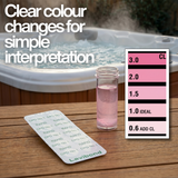 Lovibond DPD No. 1 Rapid test tablets and pink vial next to a colour scale showing chlorine levels from 0.6 to 3.0, with text: "Clear colour changes for simple interpretation."