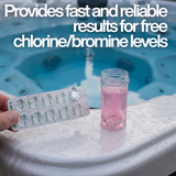 Lovibond DPD No. 1 Rapid tablet dissolving in a test vial, turning the water pink to measure free chlorine or bromine levels in a spa, with text: "Provides fast and reliable results."