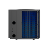 Direct side profile view of a dark grey Madimack Eclipse Plus pool heat pump, showcasing the water connection inlet and outlet ports alongside the large blue evaporator coil ventilation grille.