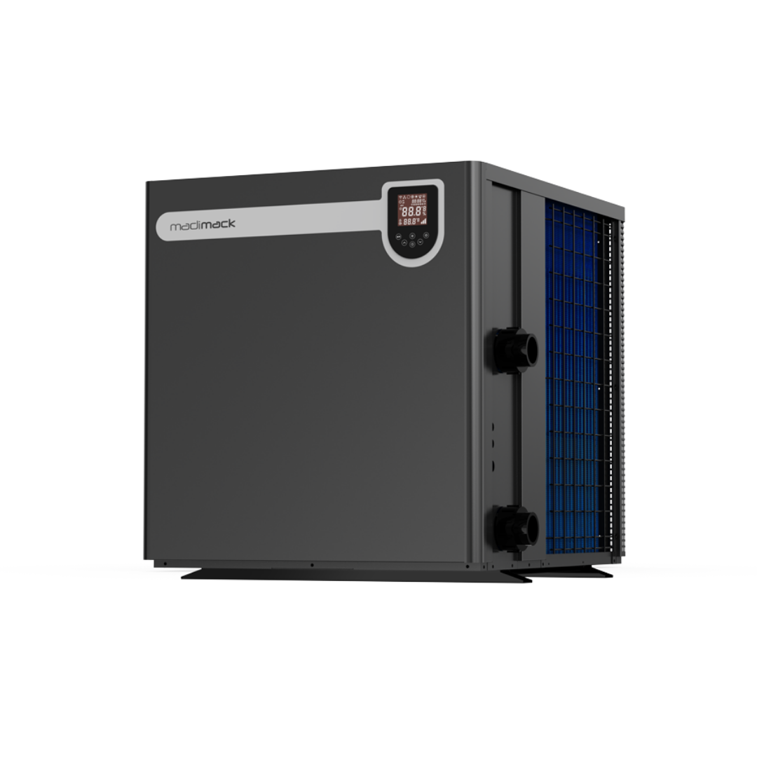 Three-quarter studio view of a dark grey Madimack Eclipse Plus swimming pool heat pump, highlighting the front digital display interface panel, side water pipe connections, and blue evaporator coil grille.