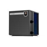 Three-quarter studio view of a dark grey Madimack Eclipse Plus swimming pool heat pump, highlighting the front digital display interface panel, side water pipe connections, and blue evaporator coil grille.